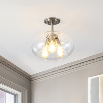 Lina 13.75" Modern Industrial Iron/Seeded Glass LED Semi Flush Mount - JONATHAN Y